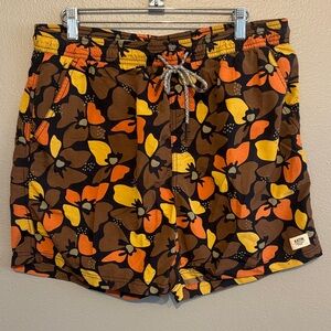 Katin Brown Floral Swim Shorts with Orange & Yellow Accents